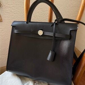 Hermes-Style Herbag Leather and Canvas Purse with Dust Bags and Coin-purse